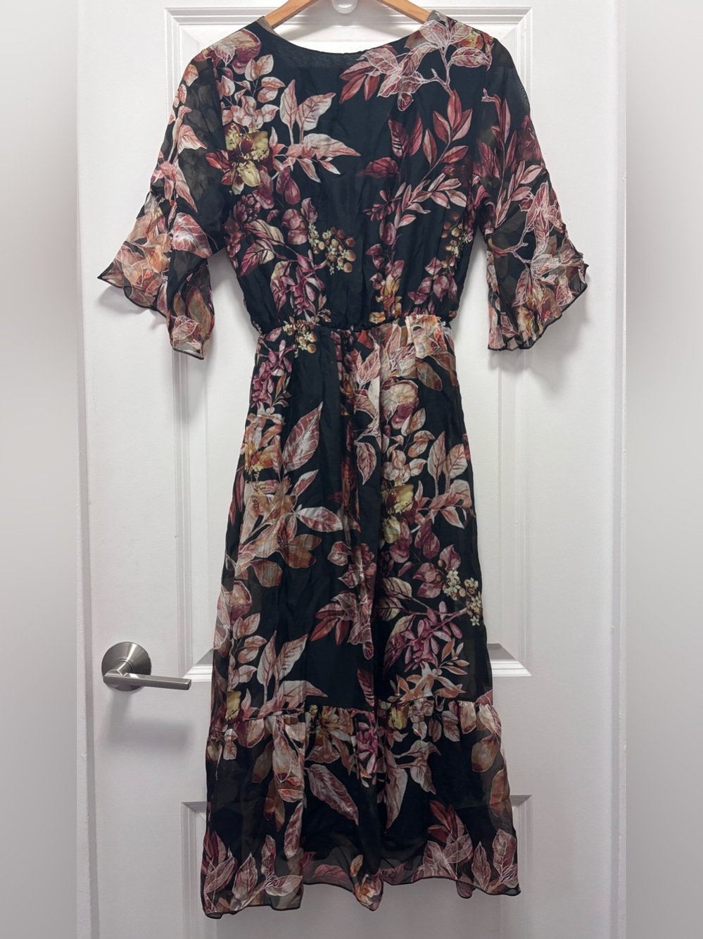 Floral Tie-Neck Maxi Dress in Black with Rose Floral Print (AS IS)
SILK BLEND - Picture 3 of 10